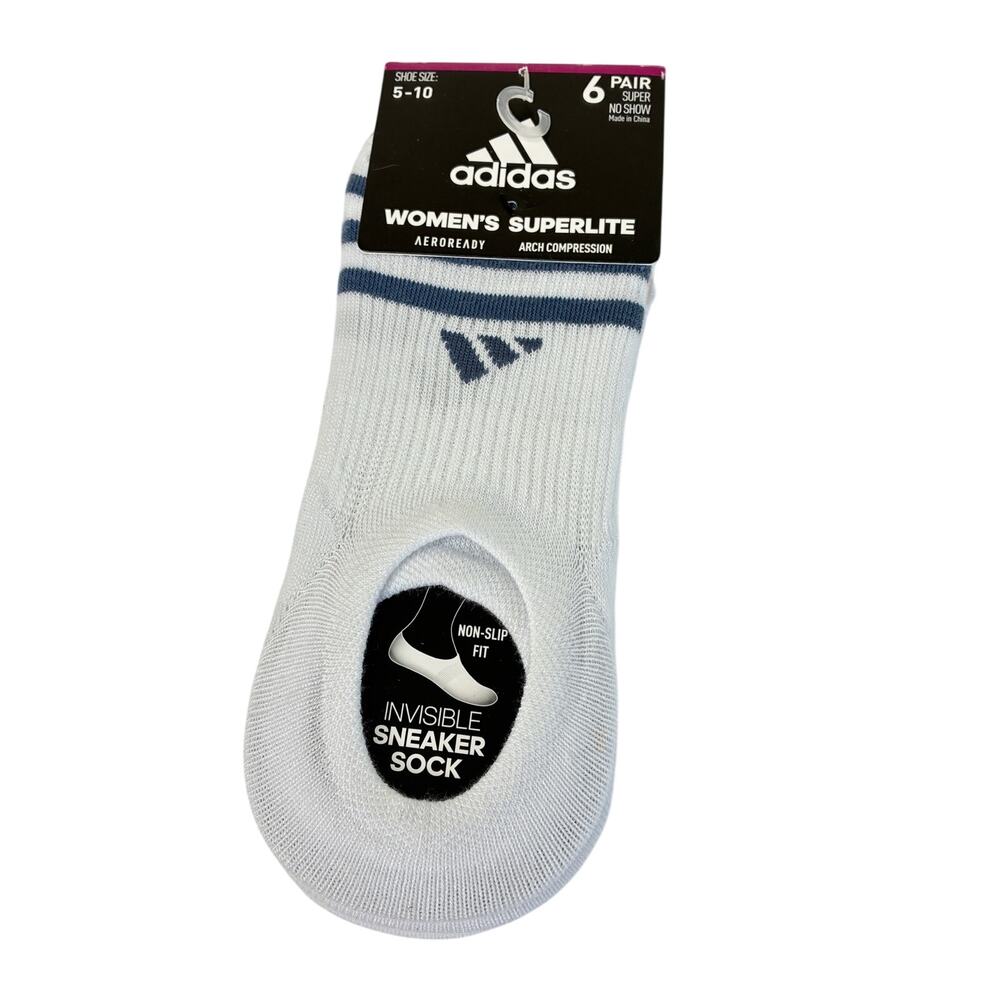 Adidas 6 Pairs Womens SuperLite No Show Socks White Blue Pink Tan NWT Sz 5-10